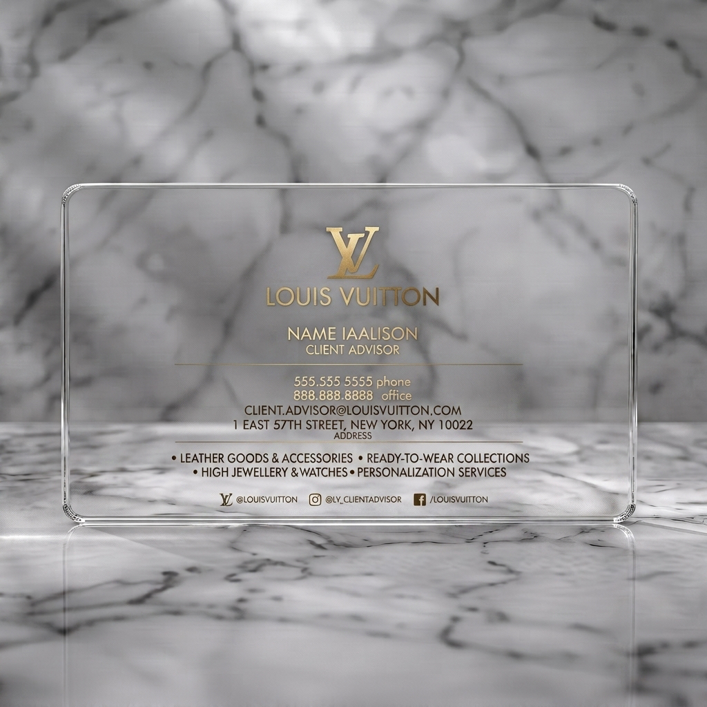 Clear plastic business card featuring luxurious brown and gold Louis Vuitton card with iconic monogram, elegant typography, and subtle patterns