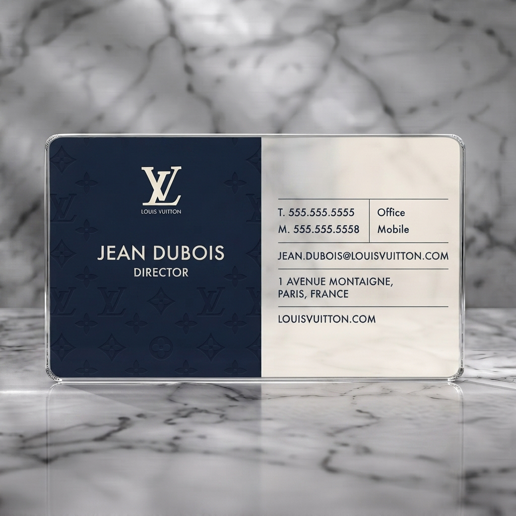 Clear plastic business card featuring split-panel, subtle LV monogram, navy and cream brand colors, crisp sans-serif typography