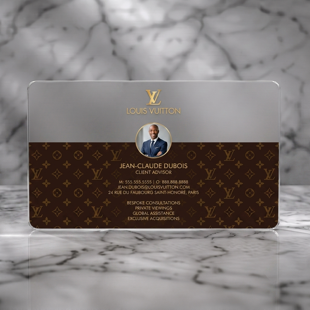 Frosted translucent plastic business card featuring louis Vuitton monogram pattern, gold branding, modern white typography, and professional circular photo