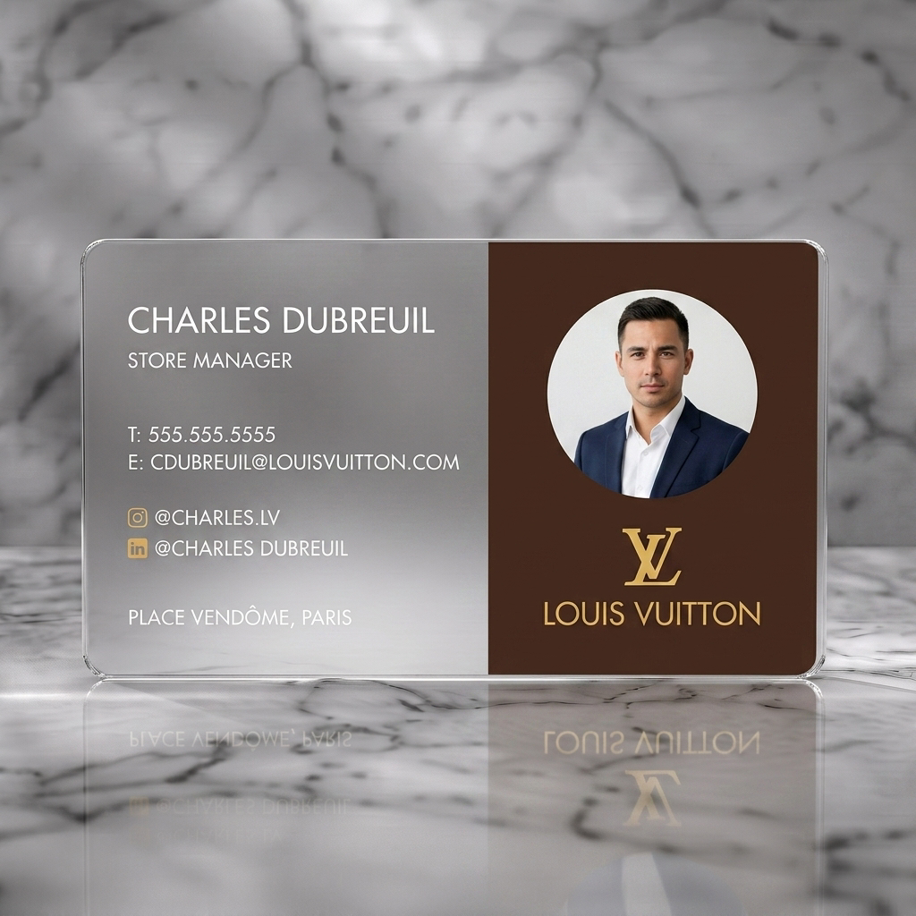Frosted translucent plastic business card featuring luxurious brown and plum palette, sleek sans-serif typography, iconic LV logo, and professional headshot