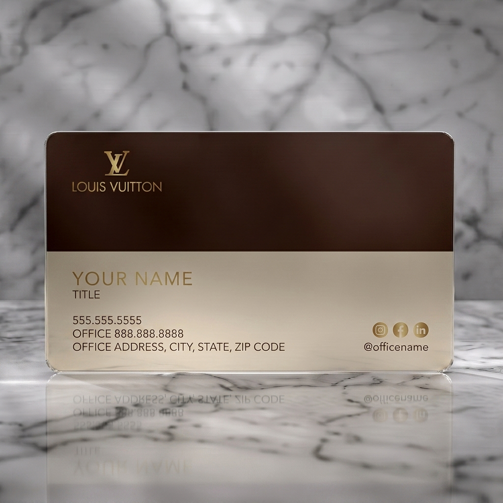 Frosted translucent plastic business card featuring luxurious brown and beige design, gold LV logo, clean sans-serif typography, and social media icons