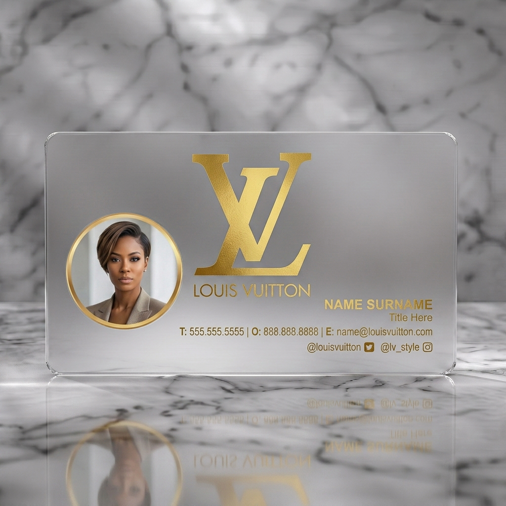 Frosted translucent plastic business card featuring gold LV monogram, professional portrait, crisp white typography, and contact icons