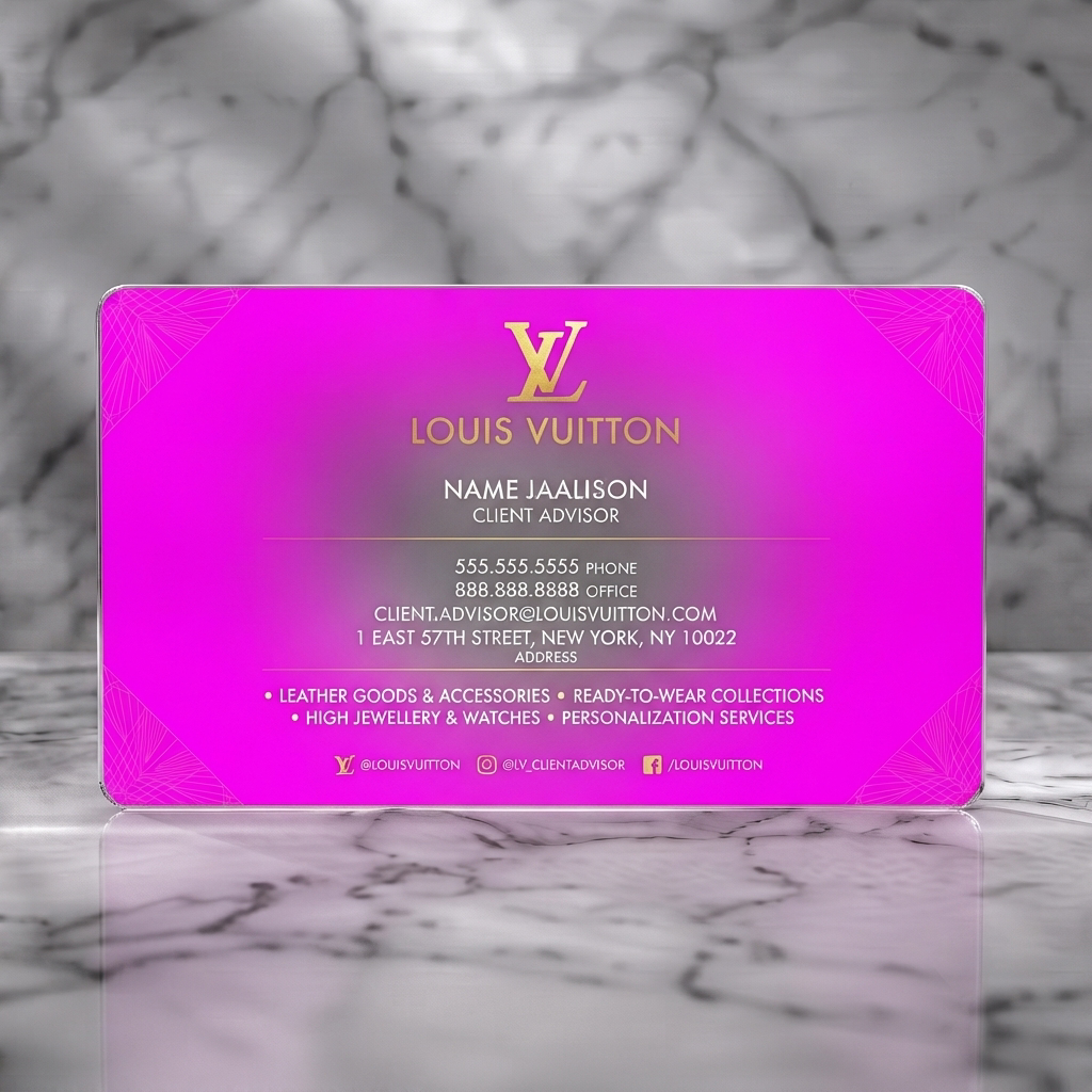 Frosted translucent plastic business card featuring luxurious brown and gold Louis Vuitton card with iconic monogram, elegant typography, and subtle patterns