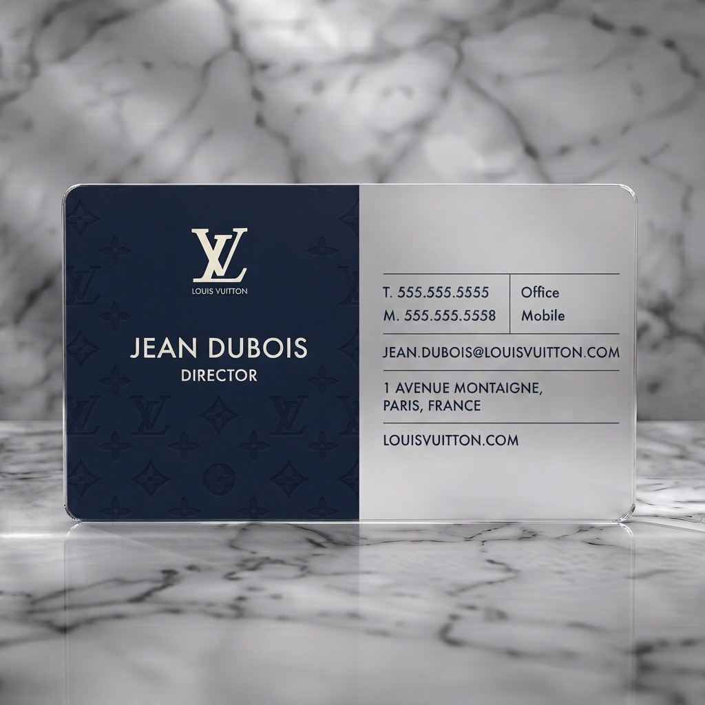 Frosted translucent plastic business card featuring split-panel, subtle LV monogram, navy and cream brand colors, crisp sans-serif typography