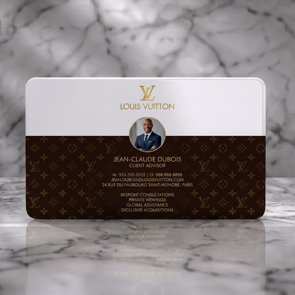 Solid white PVC business card featuring louis Vuitton monogram pattern, gold branding, modern white typography, and professional circular photo