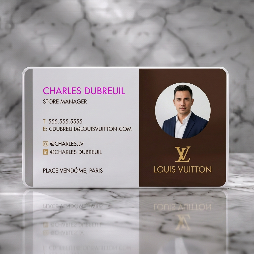Solid white PVC business card featuring luxurious brown and plum palette, sleek sans-serif typography, iconic LV logo, and professional headshot
