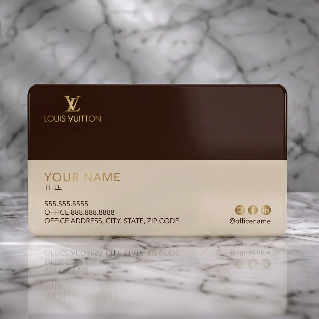 Solid white PVC business card featuring luxurious brown and beige design, gold LV logo, clean sans-serif typography, and social media icons