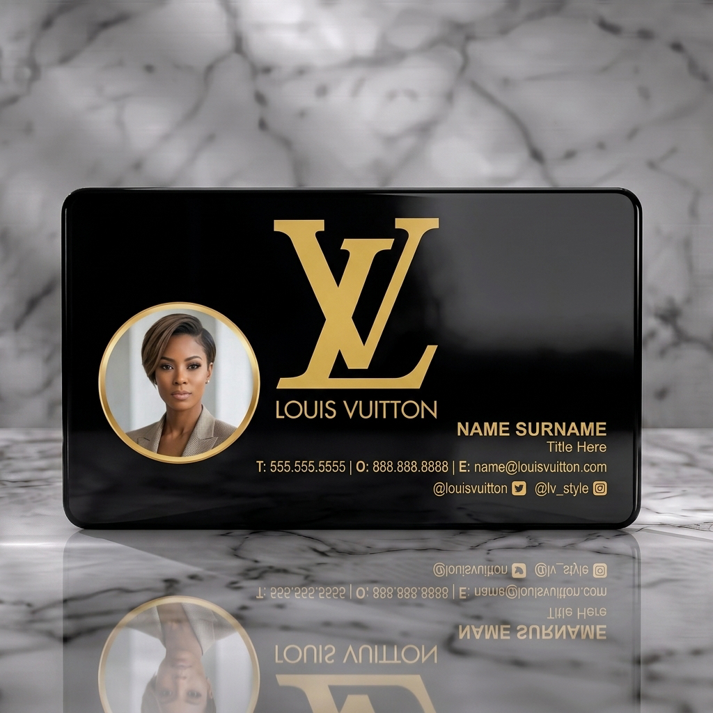 Solid white PVC business card featuring gold LV monogram, professional portrait, crisp white typography, and contact icons