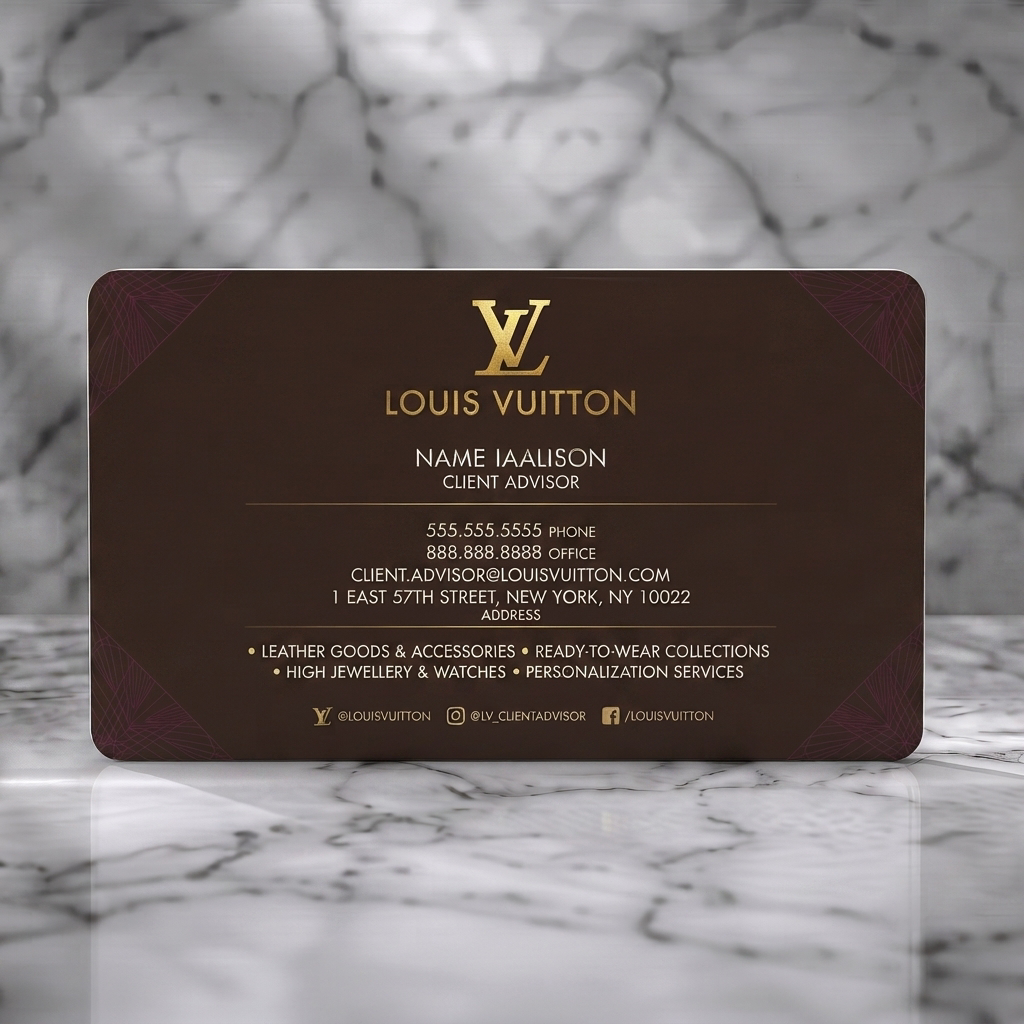 Solid white PVC business card featuring luxurious brown and gold Louis Vuitton card with iconic monogram, elegant typography, and subtle patterns