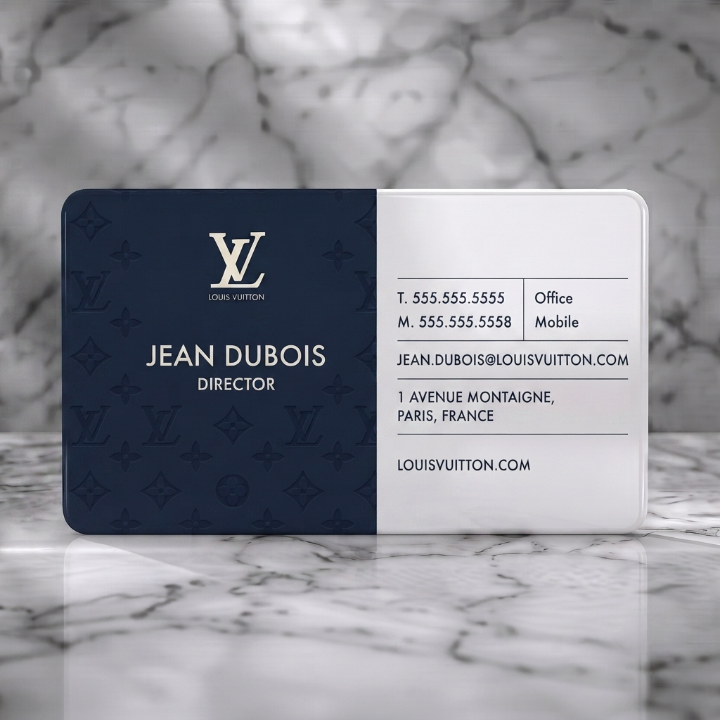 Solid white PVC business card featuring split-panel, subtle LV monogram, navy and cream brand colors, crisp sans-serif typography