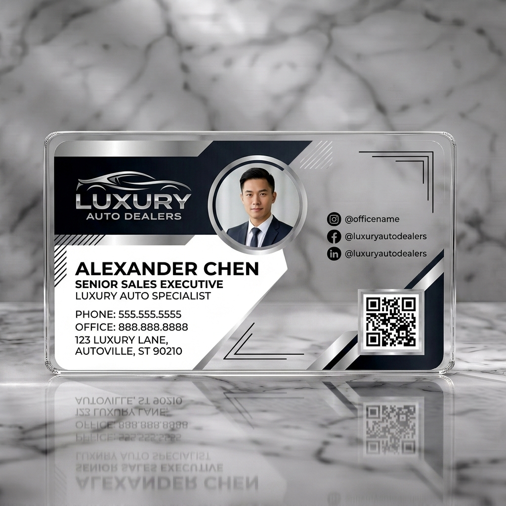 Clear plastic business card featuring modern geometric style, dark gray, white, silver, and pink accents, sans-serif typography, car logo, social icons, QR code