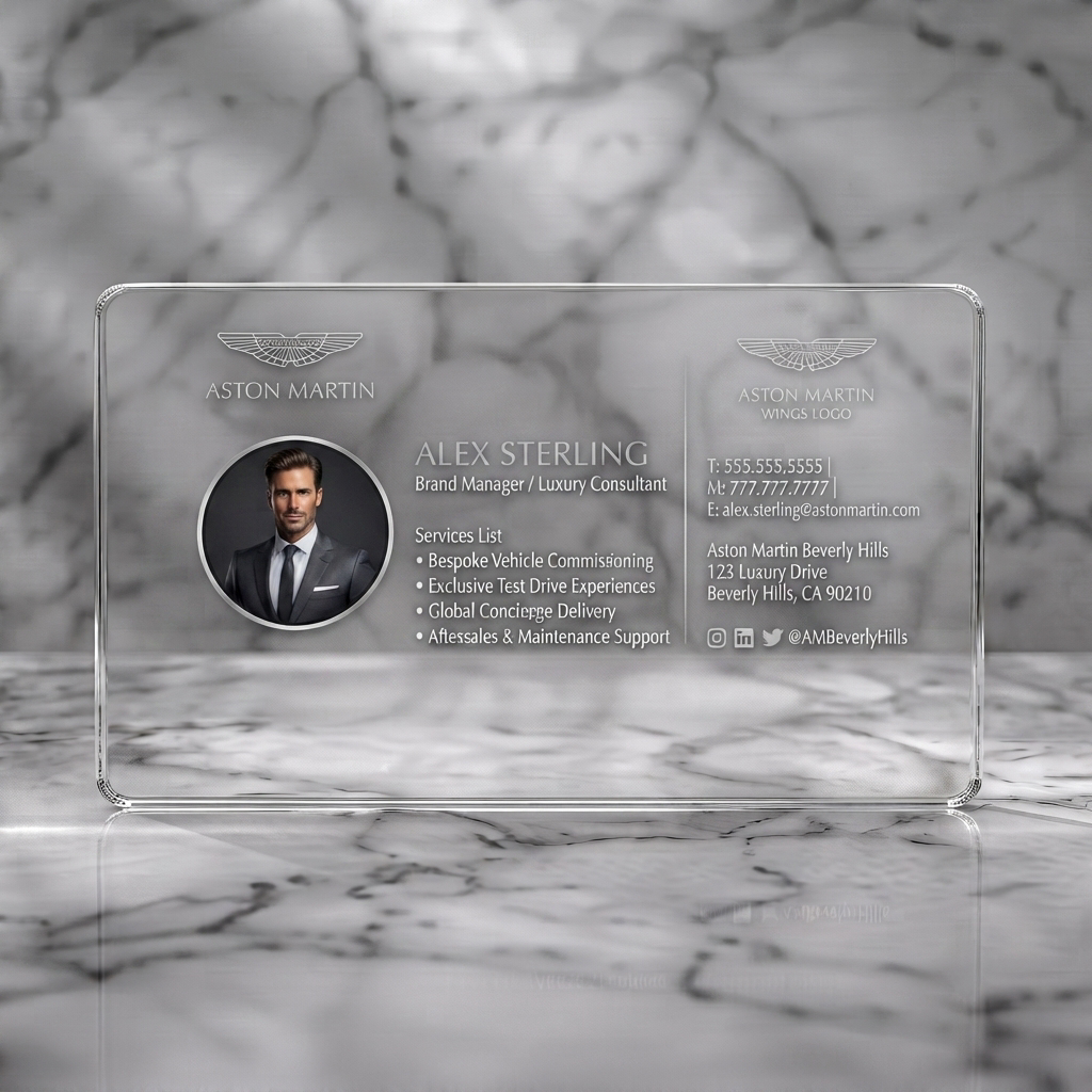 Clear plastic business card featuring luxurious black design, white typography, Aston Martin logo, and a professional circular headshot