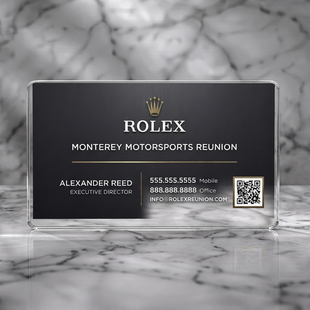 Clear plastic business card featuring elegant dark design, gold Rolex logo, clean typography, QR code on a textured background