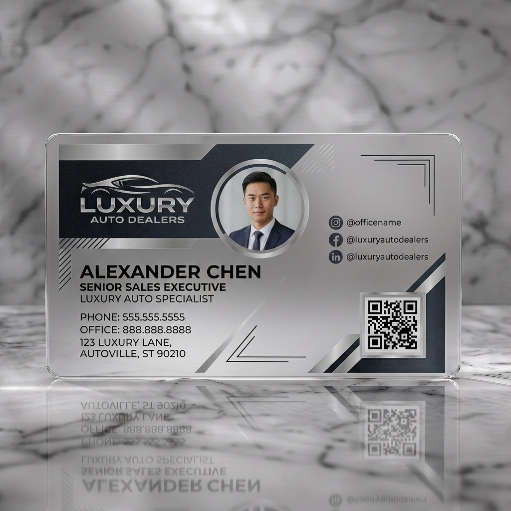 Frosted translucent plastic business card featuring modern geometric style, dark gray, white, silver, and pink accents, sans-serif typography, car logo, social icons, QR code