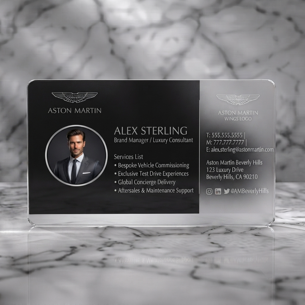 Frosted translucent plastic business card featuring luxurious black design, white typography, Aston Martin logo, and a professional circular headshot