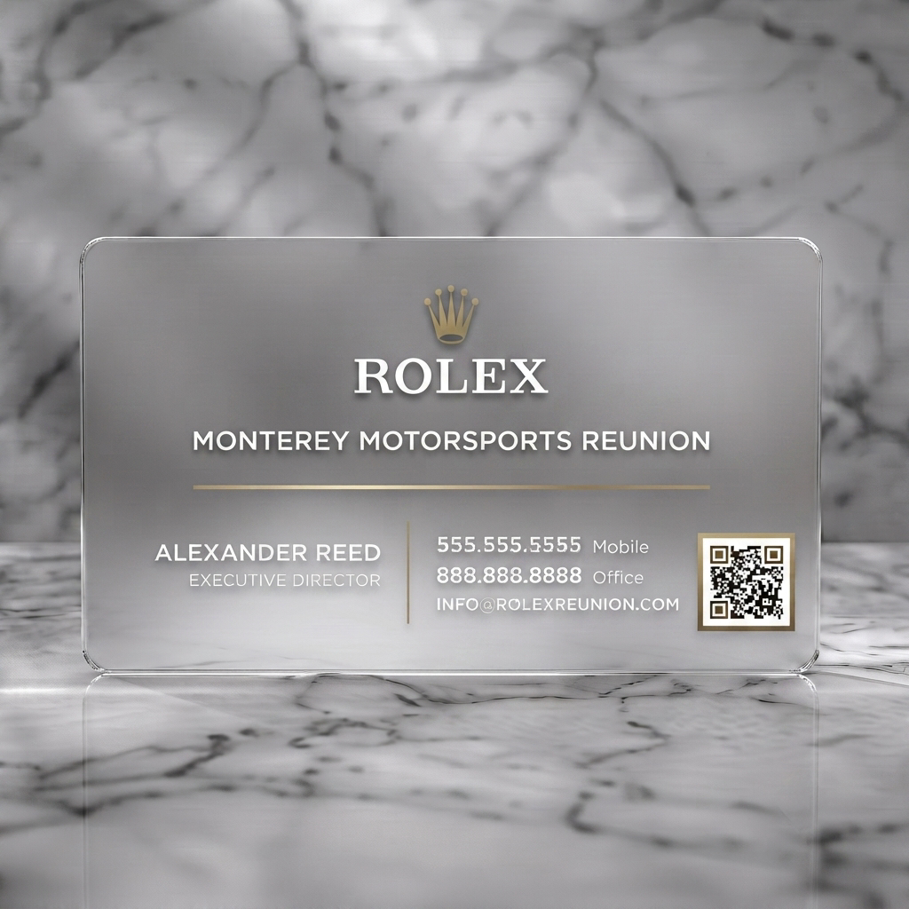 Frosted translucent plastic business card featuring elegant dark design, gold Rolex logo, clean typography, QR code on a textured background