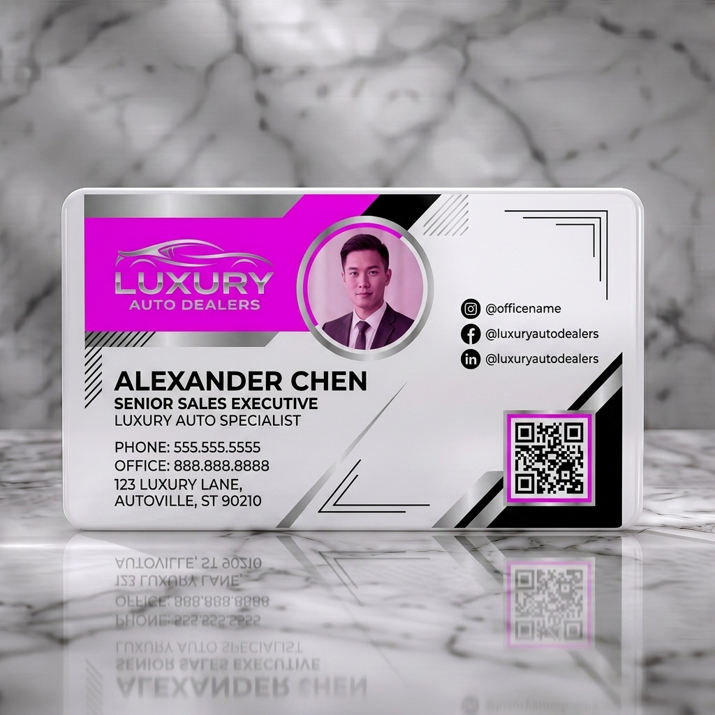 Solid white PVC business card featuring modern geometric style, dark gray, white, silver, and pink accents, sans-serif typography, car logo, social icons, QR code