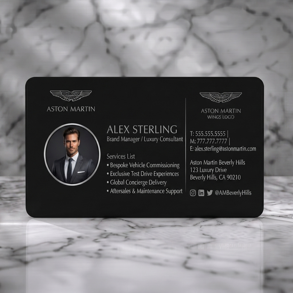 Solid white PVC business card featuring luxurious black design, white typography, Aston Martin logo, and a professional circular headshot