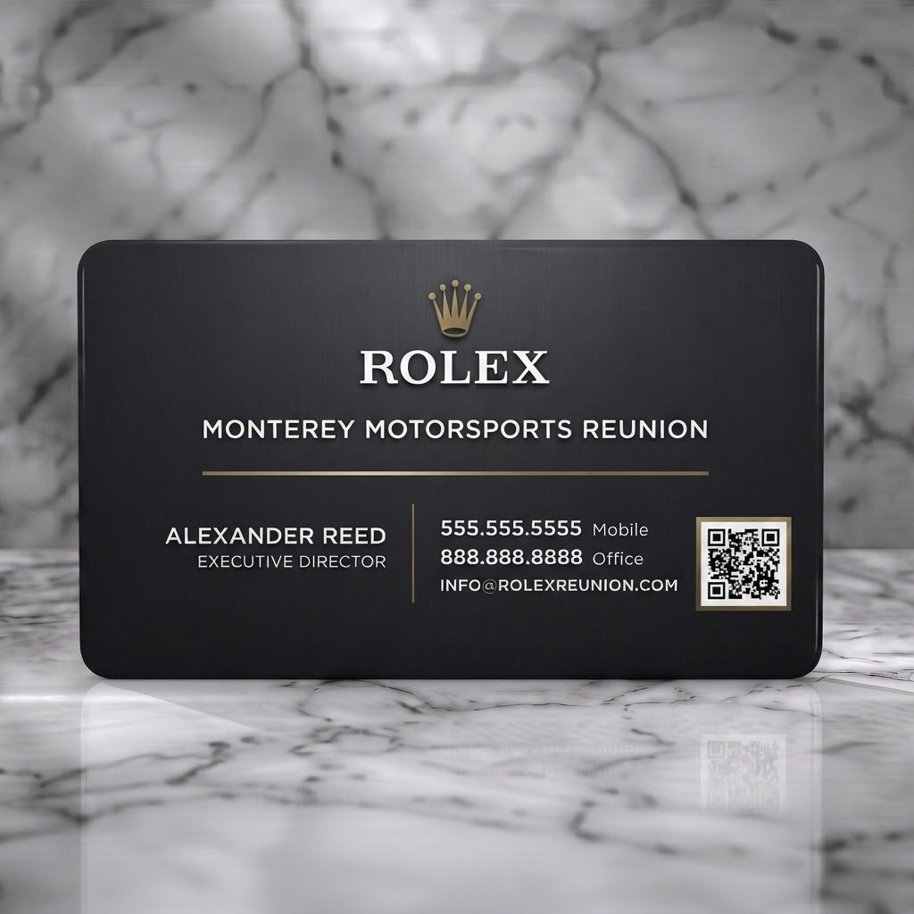 Solid white PVC business card featuring elegant dark design, gold Rolex logo, clean typography, QR code on a textured background