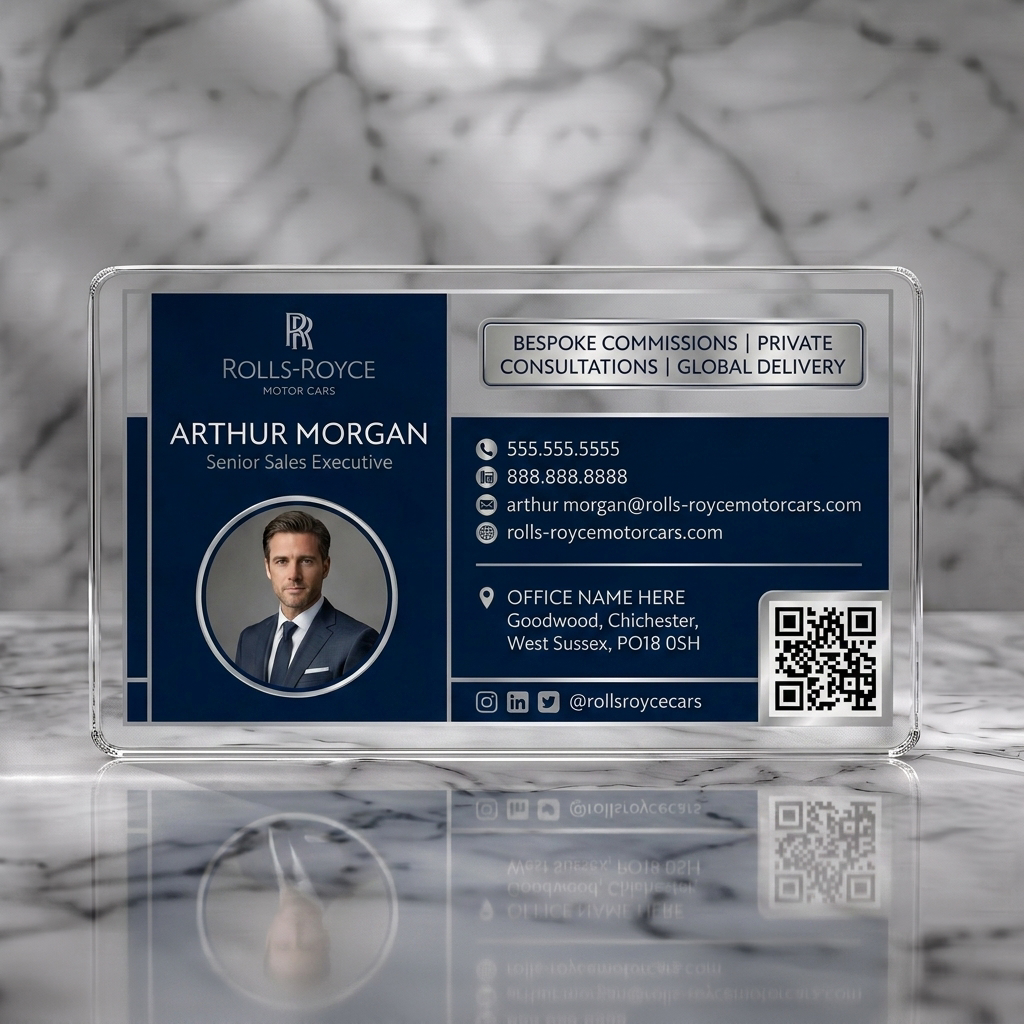Clear plastic business card featuring a luxurious navy and silver design, Rolls-Royce branding, elegant sans-serifs, and essential contact icons