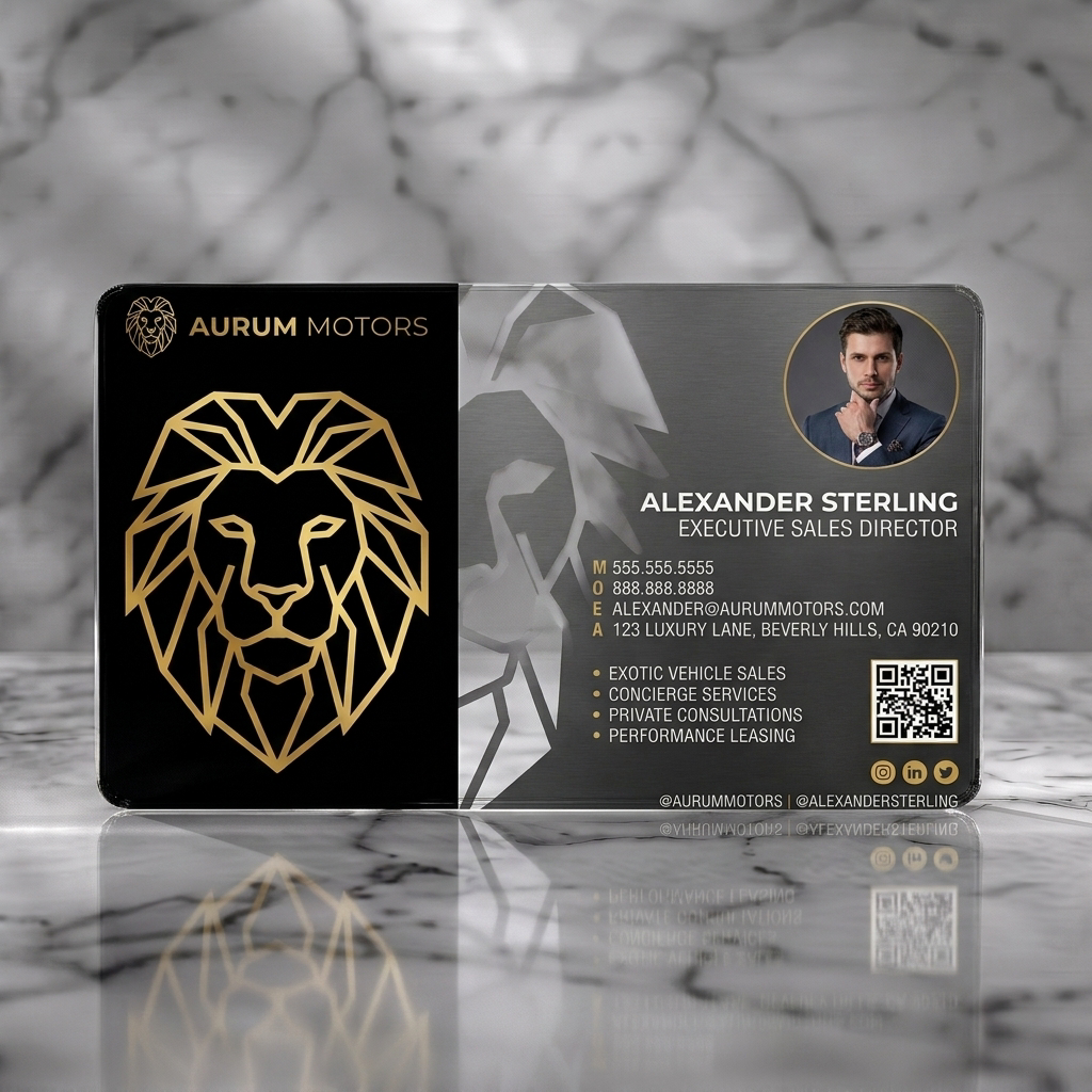 Clear plastic business card featuring geometric gold lion logo, brushed metal and black aesthetic, modern sans-serif typography, social icons