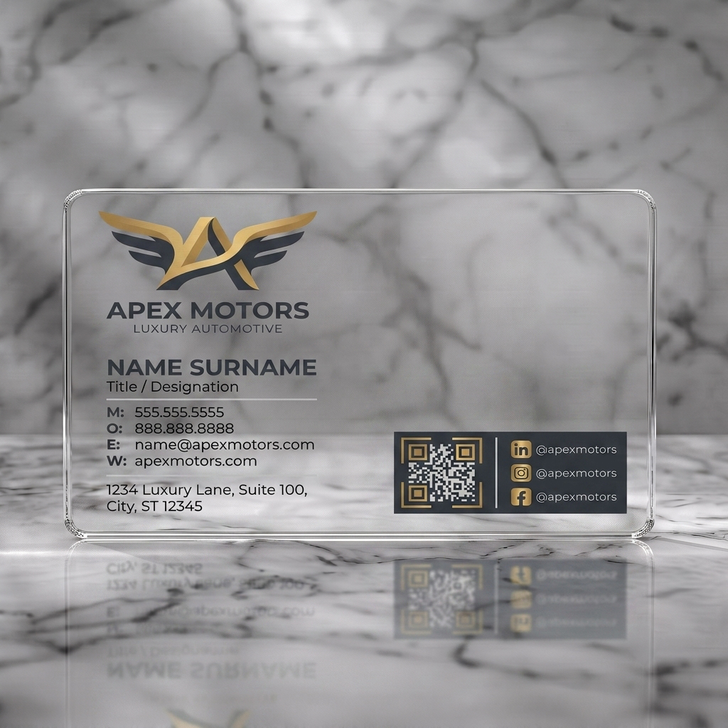 Clear plastic business card featuring modern gold and charcoal design with winged A logo, sans-serif type, and social icons