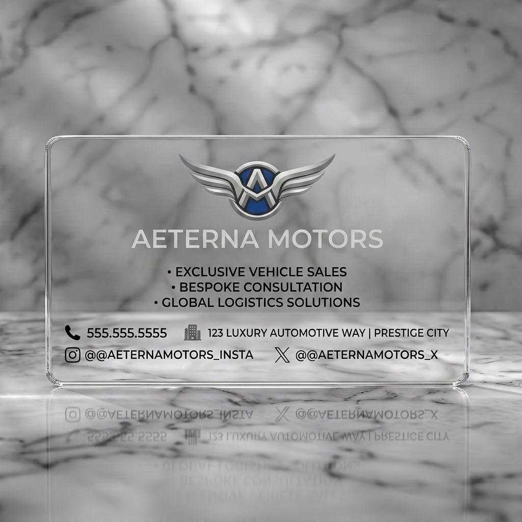 Clear plastic business card featuring sleek dark gray design, winged logo with silver/blue, modern sans-serif typography, and minimalist white icons