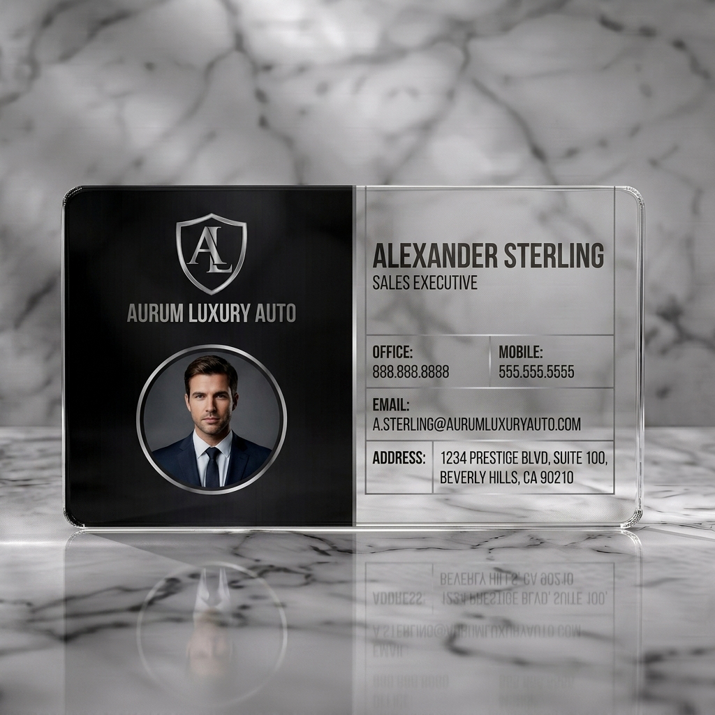 Clear plastic business card featuring sleek silver shield logo, professional photo, dark gray/cream palette, and clean sans-serif text