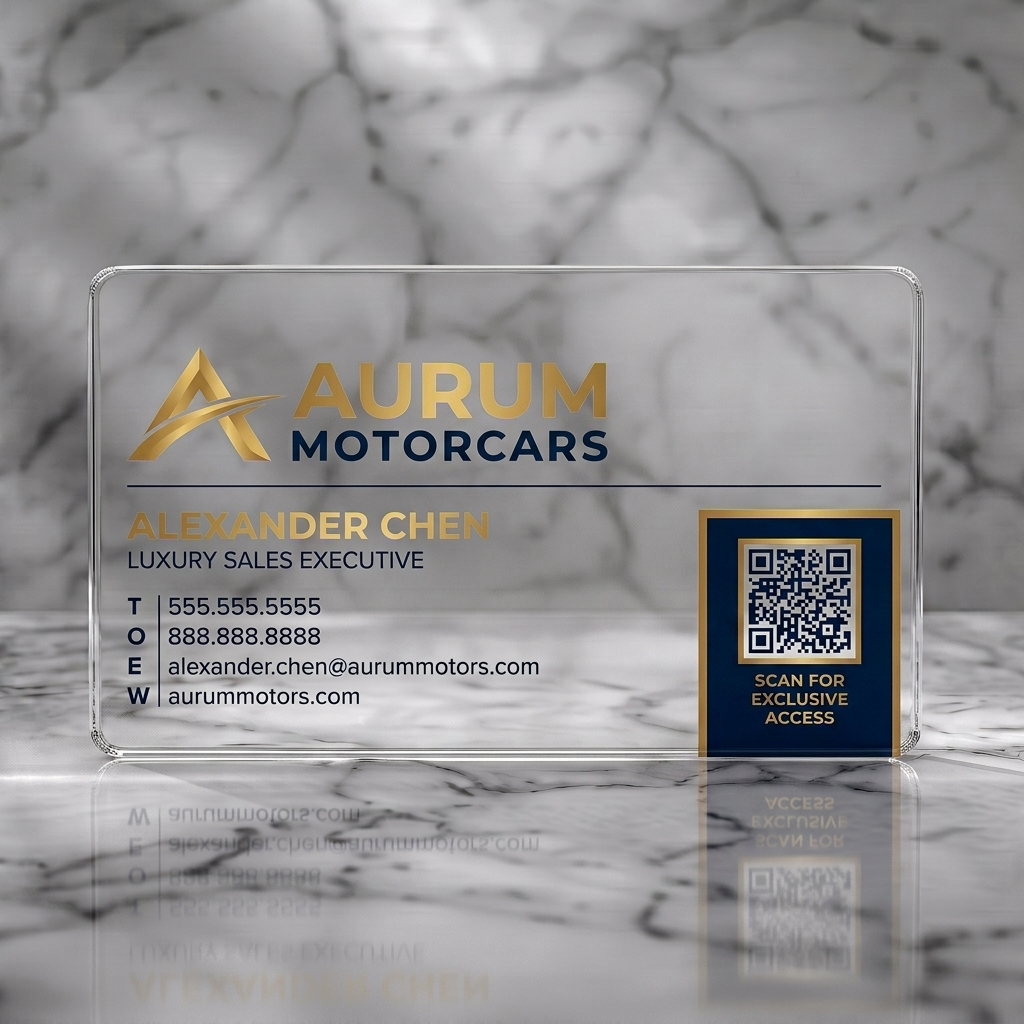 Clear plastic business card featuring elegant gold and navy branding, modern sans-serif typography, dynamic logo, and QR code