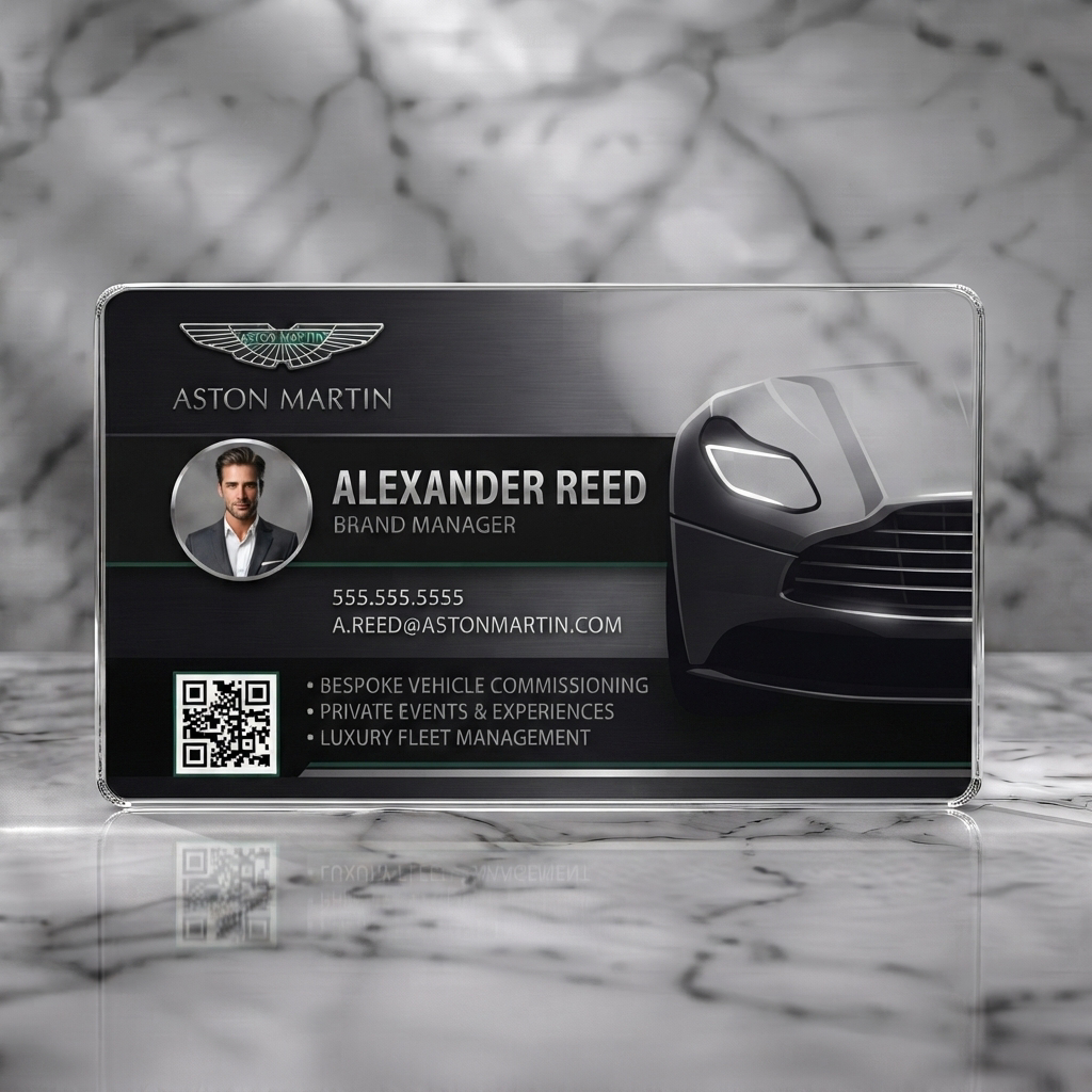 Clear plastic business card featuring dark, sleek metallic design, Aston Martin car, professional photo, modern typography, QR code