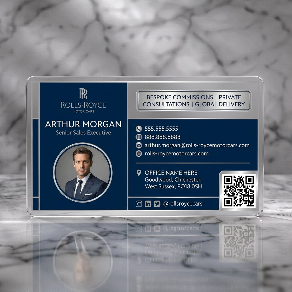 Frosted translucent plastic business card featuring a luxurious navy and silver design, Rolls-Royce branding, elegant sans-serifs, and essential contact icons