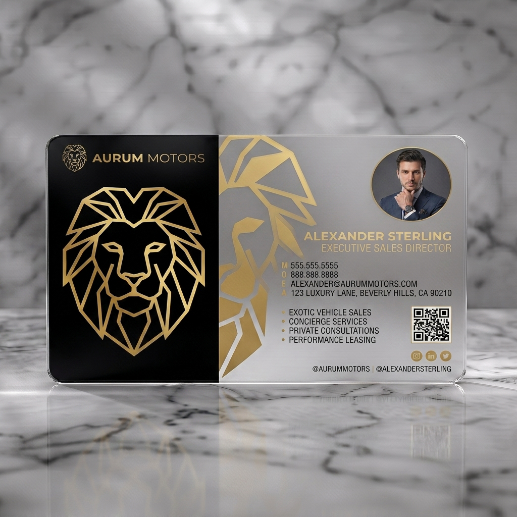 Frosted translucent plastic business card featuring geometric gold lion logo, brushed metal and black aesthetic, modern sans-serif typography, social icons