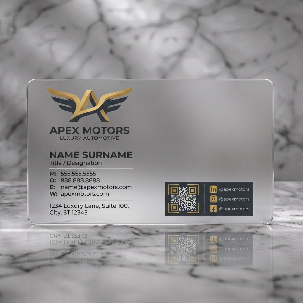 Frosted translucent plastic business card featuring modern gold and charcoal design with winged A logo, sans-serif type, and social icons