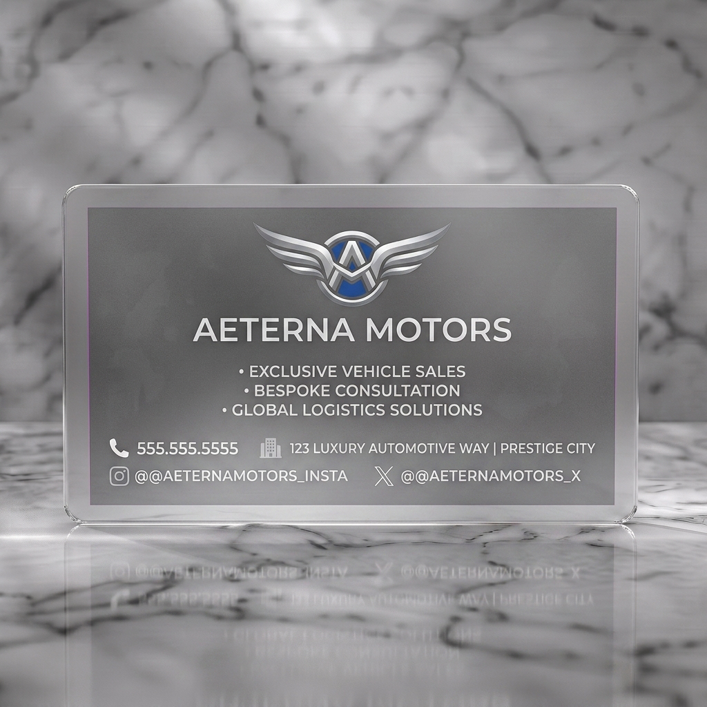 Frosted translucent plastic business card featuring sleek dark gray design, winged logo with silver/blue, modern sans-serif typography, and minimalist white icons