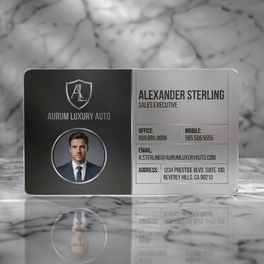 Frosted translucent plastic business card featuring sleek silver shield logo, professional photo, dark gray/cream palette, and clean sans-serif text