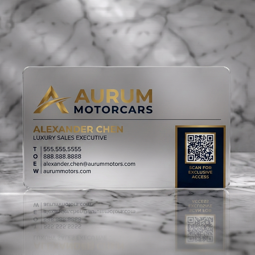 Frosted translucent plastic business card featuring elegant gold and navy branding, modern sans-serif typography, dynamic logo, and QR code
