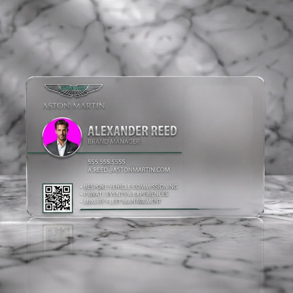 Frosted translucent plastic business card featuring dark, sleek metallic design, Aston Martin car, professional photo, modern typography, QR code