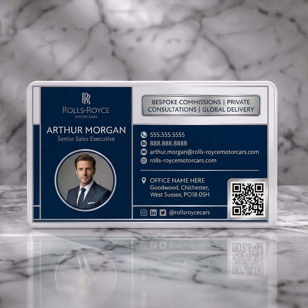 Solid white PVC business card featuring a luxurious navy and silver design, Rolls-Royce branding, elegant sans-serifs, and essential contact icons