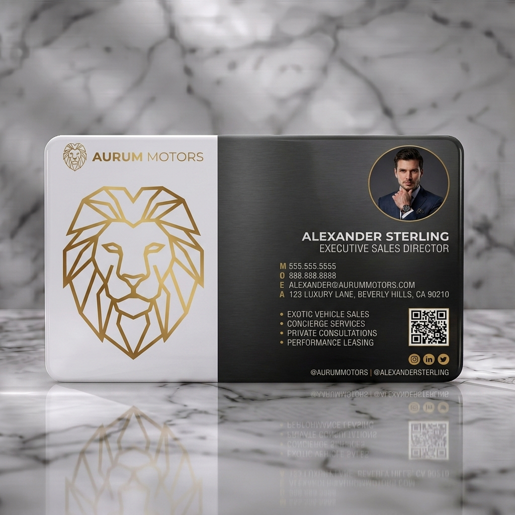 Solid white PVC business card featuring geometric gold lion logo, brushed metal and black aesthetic, modern sans-serif typography, social icons