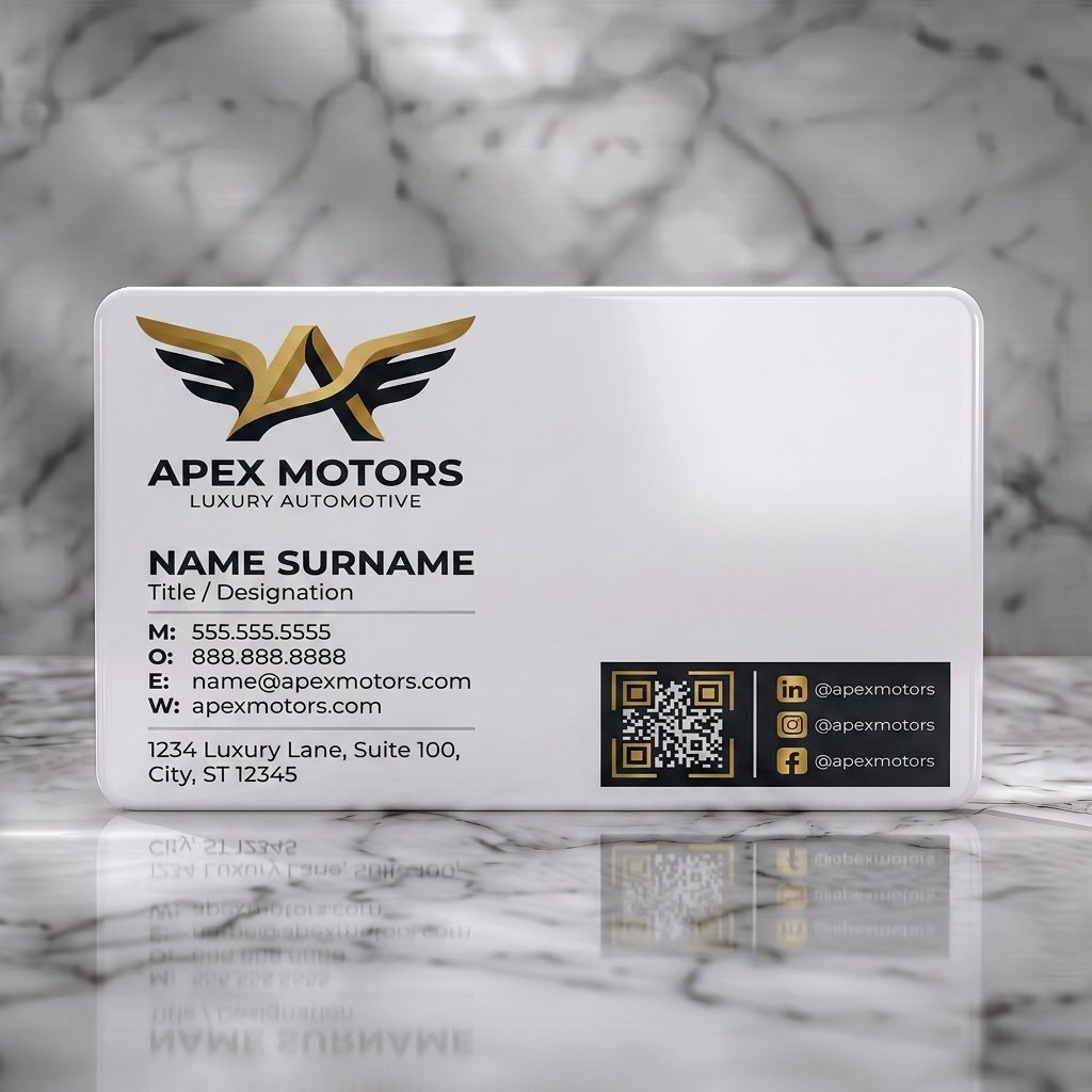 Solid white PVC business card featuring modern gold and charcoal design with winged A logo, sans-serif type, and social icons