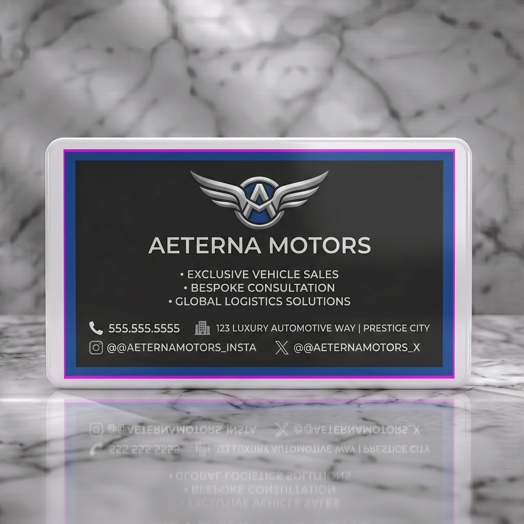 Solid white PVC business card featuring sleek dark gray design, winged logo with silver/blue, modern sans-serif typography, and minimalist white icons