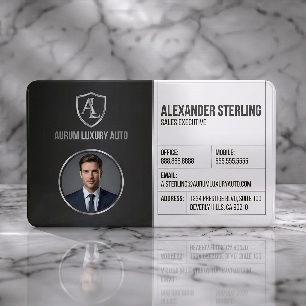 Solid white PVC business card featuring sleek silver shield logo, professional photo, dark gray/cream palette, and clean sans-serif text