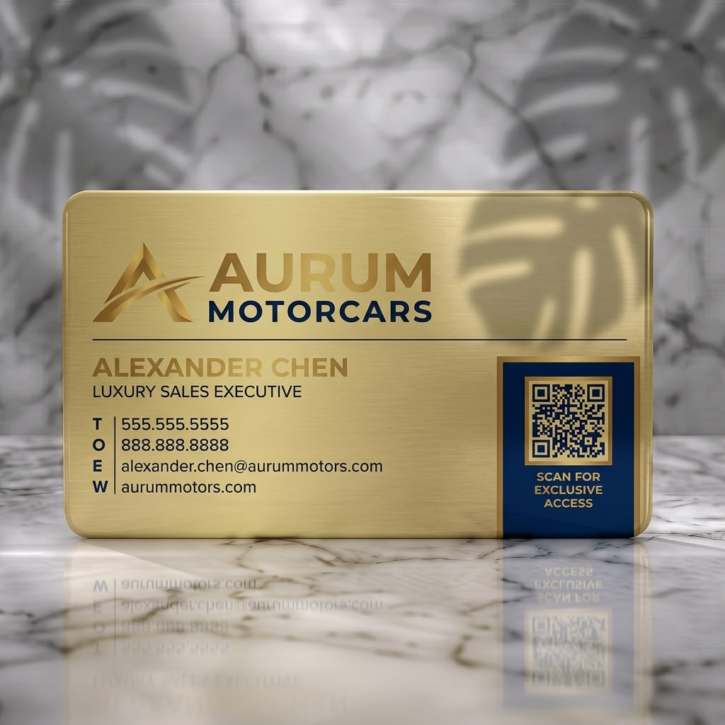 Solid white PVC business card featuring elegant gold and navy branding, modern sans-serif typography, dynamic logo, and QR code
