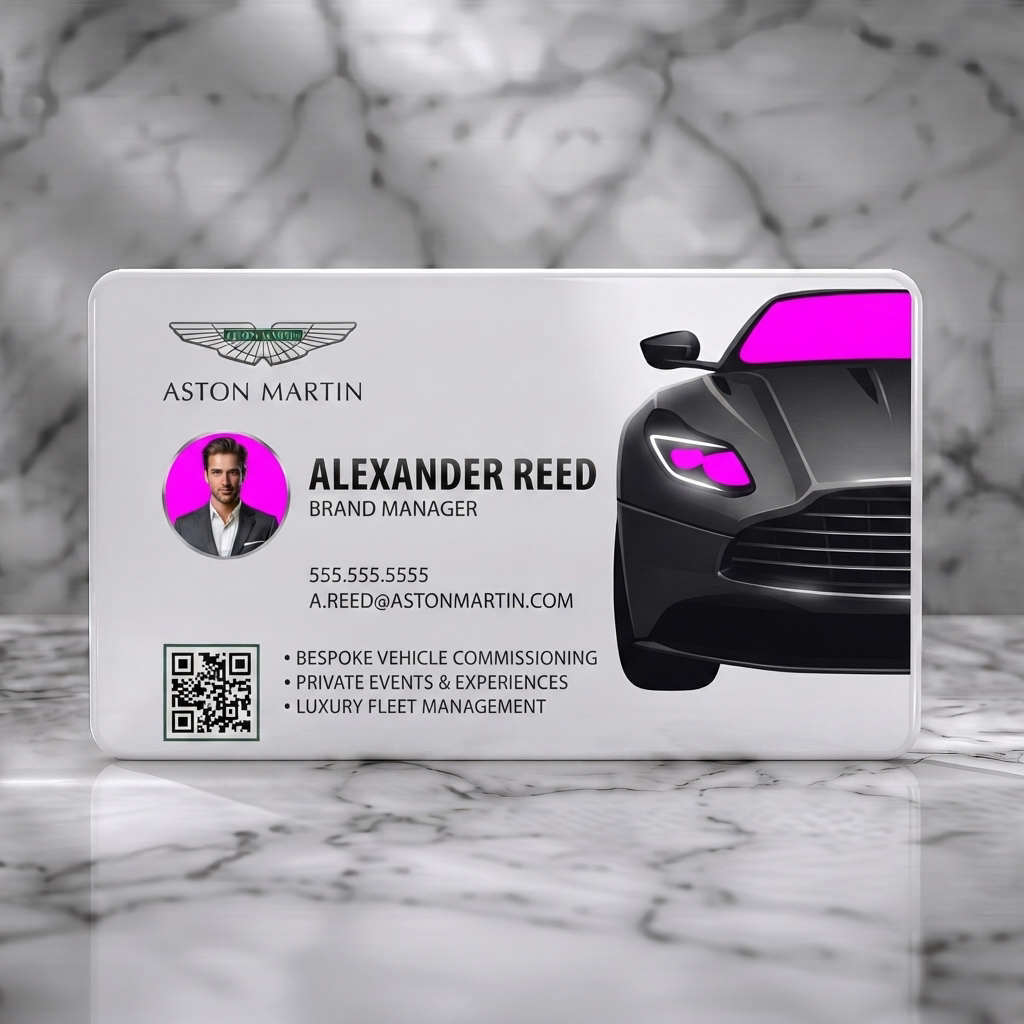 Solid white PVC business card featuring dark, sleek metallic design, Aston Martin car, professional photo, modern typography, QR code