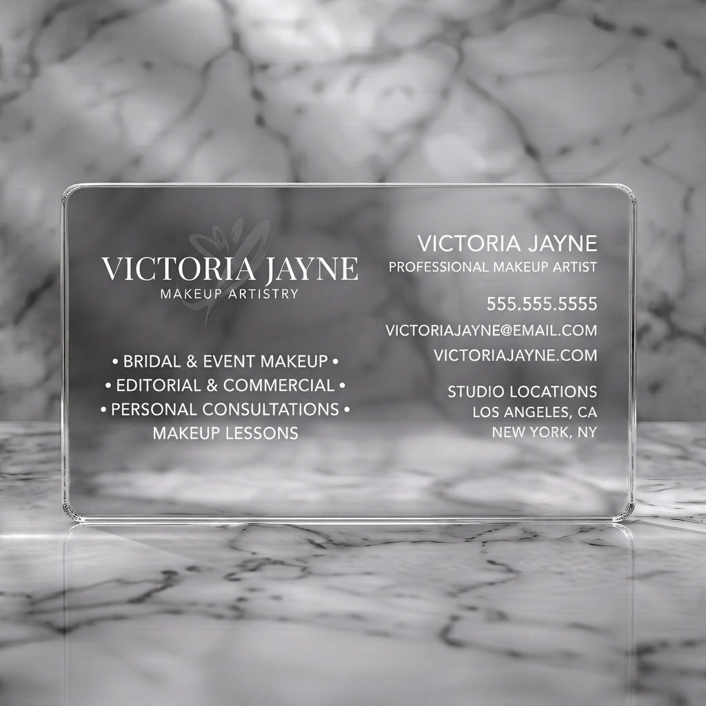 Clear plastic business card featuring sophisticated black design, white serif/sans-serif fonts, and a silver brushstroke logo
