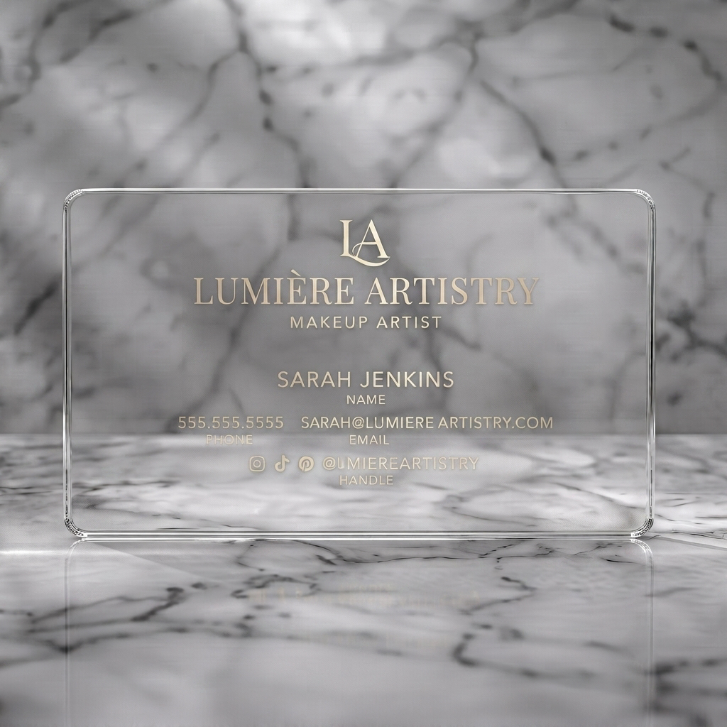 Clear plastic business card featuring elegant gold typography, script monogram, and minimalist social media icons on a clean layout
