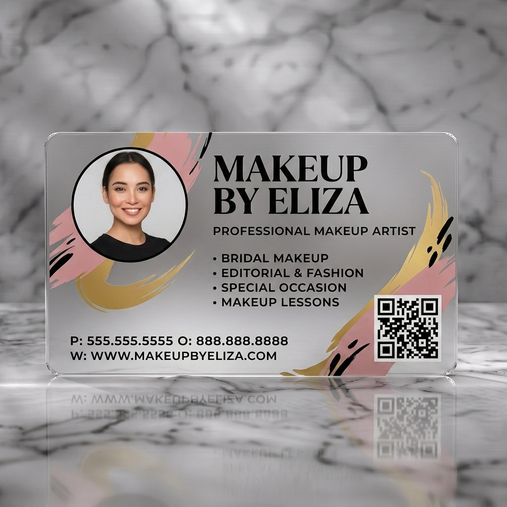 Frosted translucent plastic business card featuring a stylish photo, elegant black serif typography, artistic gold and blush brushstrokes, and a QR code