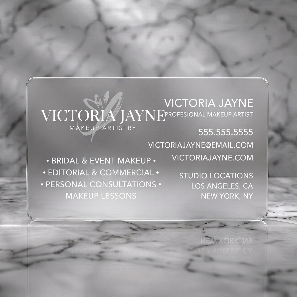 Frosted translucent plastic business card featuring sophisticated black design, white serif/sans-serif fonts, and a silver brushstroke logo