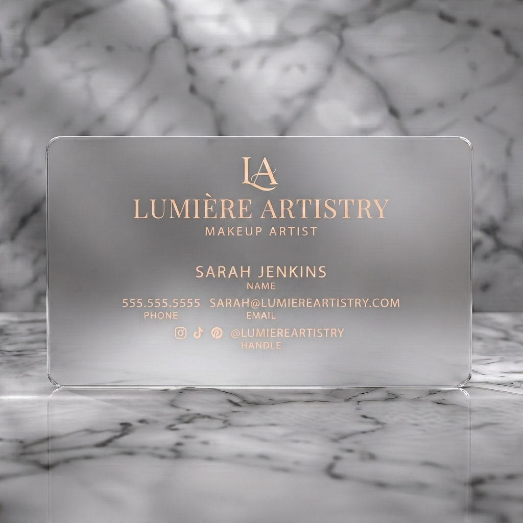 Frosted translucent plastic business card featuring elegant gold typography, script monogram, and minimalist social media icons on a clean layout