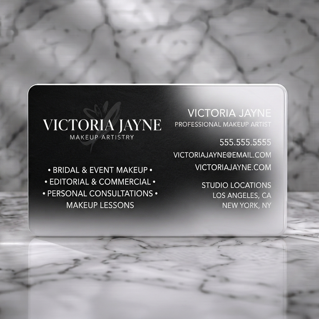 Solid white PVC business card featuring sophisticated black design, white serif/sans-serif fonts, and a silver brushstroke logo